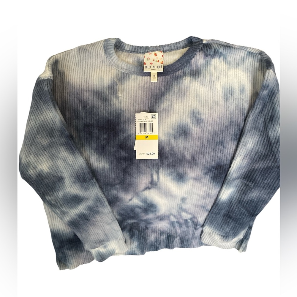 Belle Du Jour Navy and White Tie-Dye Long Sleeve Sweater